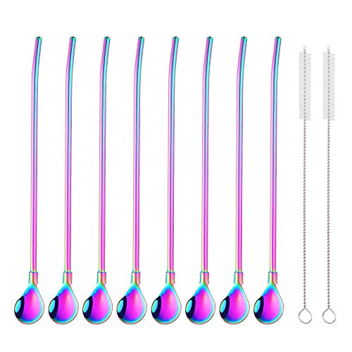 Do Buy Pack of 8 Reusable Stainless Steel Straws Spoons with 2 Cleaning Brushes, Straw Spoon, Rainbow Cocktail Latte Macchiato Spoon, Thin and Long Handled 21.5 cm for Long Drink Iced Coffee