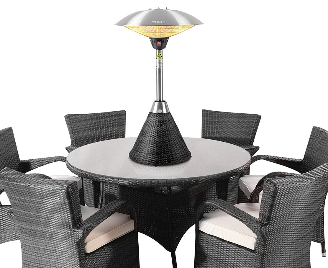 HeatLab (Firefly) 2.1kW Table Top Rattan Electric Patio Heater in Black with matching rattan furniture